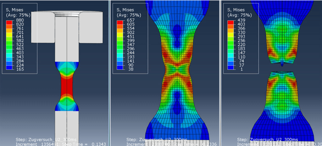 Ergebnis: Zugversuch mit duktiler Schädigung; Einschnürung (Mitte) und Reissen (rechts) Ergebnis: Zugversuch mit duktiler Schädigung; Einschnürung (Mitte) und Reissen (rechts)