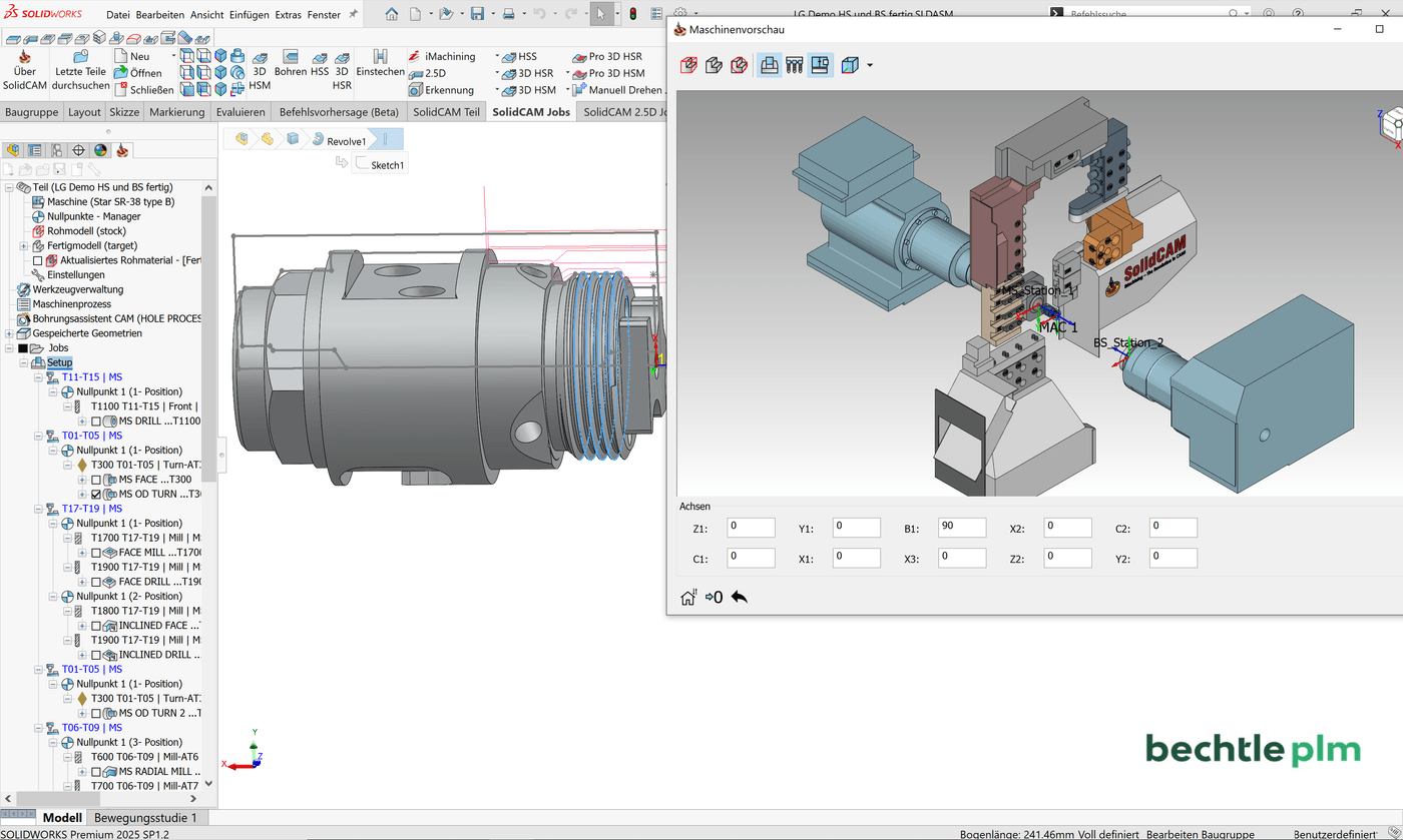 SOLIDWORKS Oberfläche Langdrehen Benutzeroberfläche von SOLIDWORKS mit Fokus auf die Funktion Langdrehen