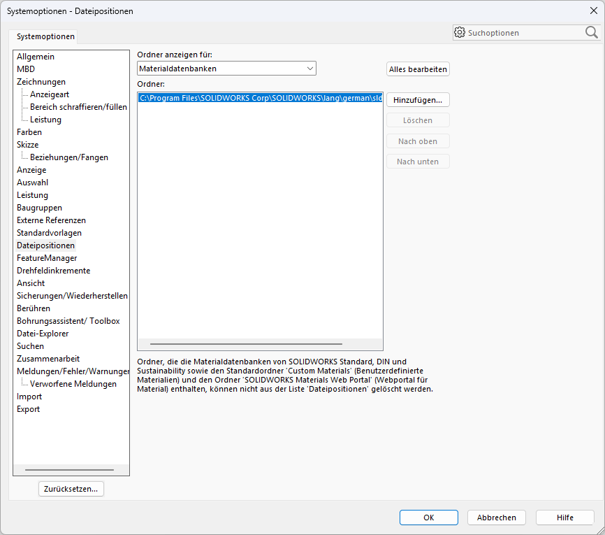 SOLIDWORKS 2026 Systemoptionen Dateipositionen