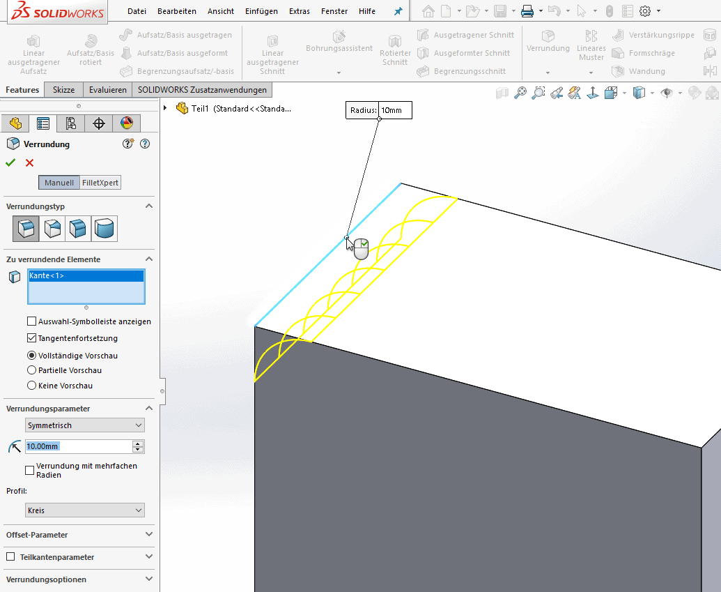Verrundungen und Fasen als Feature SOLIDWORKS 3D-CAD