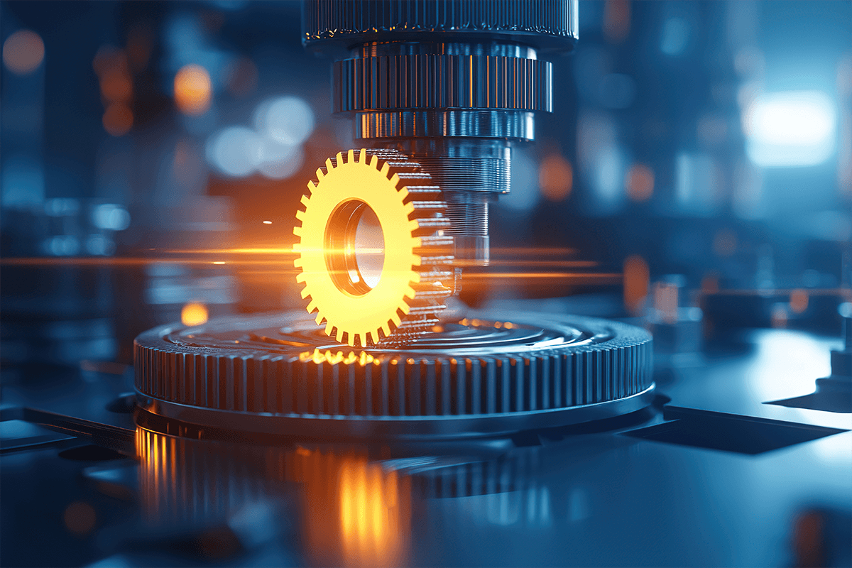 Leuchtendes Zahnrad wird von hochmodernen Maschinen in einer Hightech-Industrieumgebung verarbeitet