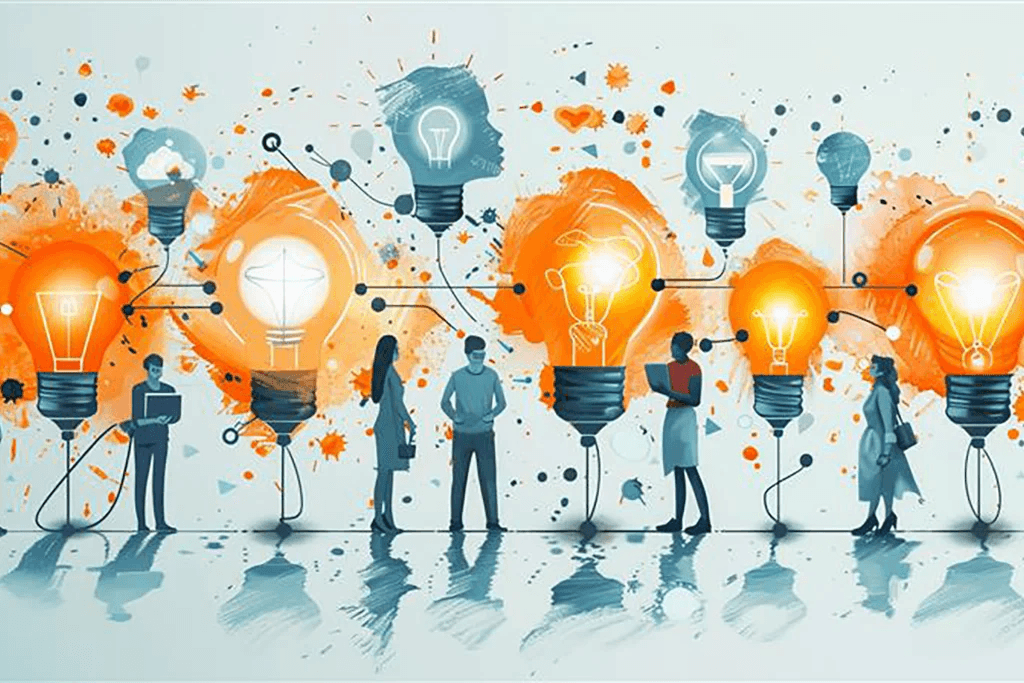 Vernetzte Menschen mit Glühbirnen als Symbol für gemeinsame Ideen und Innovation