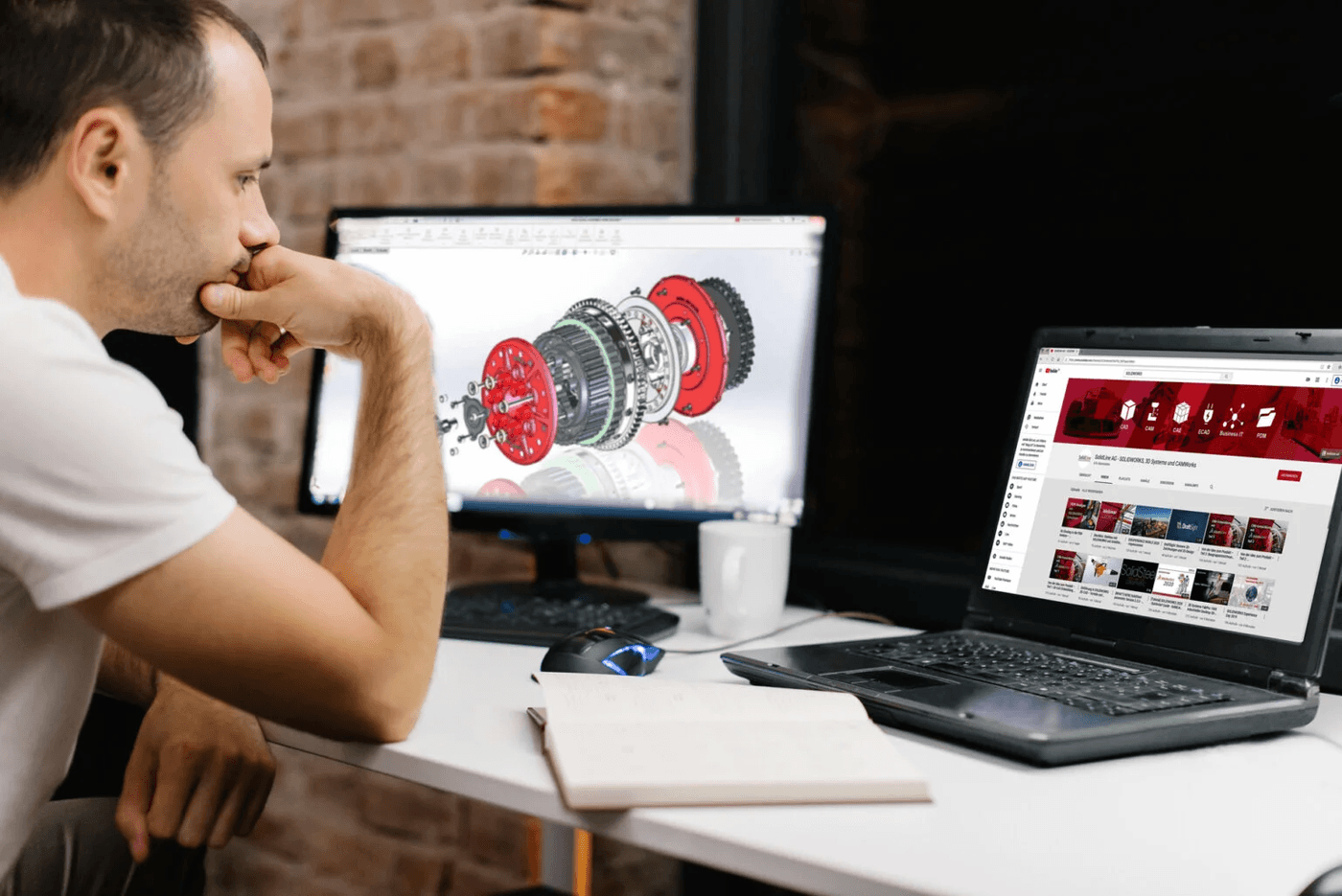 Home-Office – Mann vor PC mit SOLIDWORKS Ein Mann arbeitet im Home-Office am PC mit geöffneter SOLIDWORKS-Anwendung