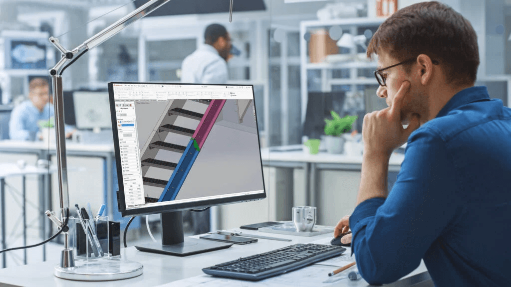 Ein Mann arbeitet mit SolidSteel Parametric Version 7 an seinem Arbeitsplatz