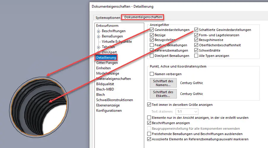 SOLIDWORKS - Gewinde anzeigen - Dokumenteigenschaften
