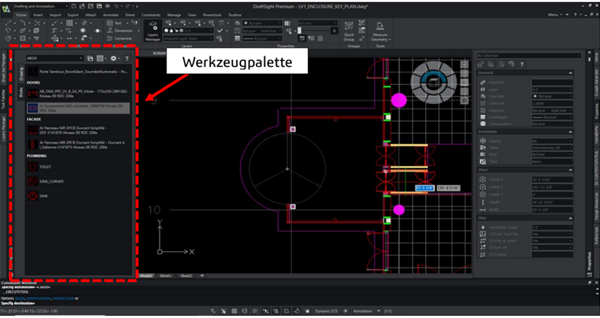 Benutzeroberfläche mit Werkzeugpalette in DraftSight