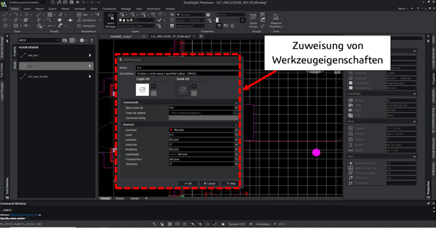 Werkzeugeigenschaften in DraftSight zuweisen