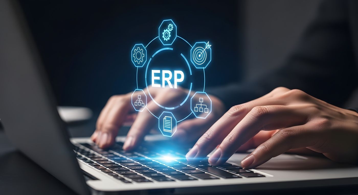 Hands typing on laptop with glowing erp technology interface above keyboard